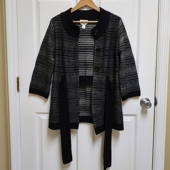 Talbots Sweater Womens PM Black Striped Merino Wool Knit Cardigan Button Belted - Picture 2 of 11